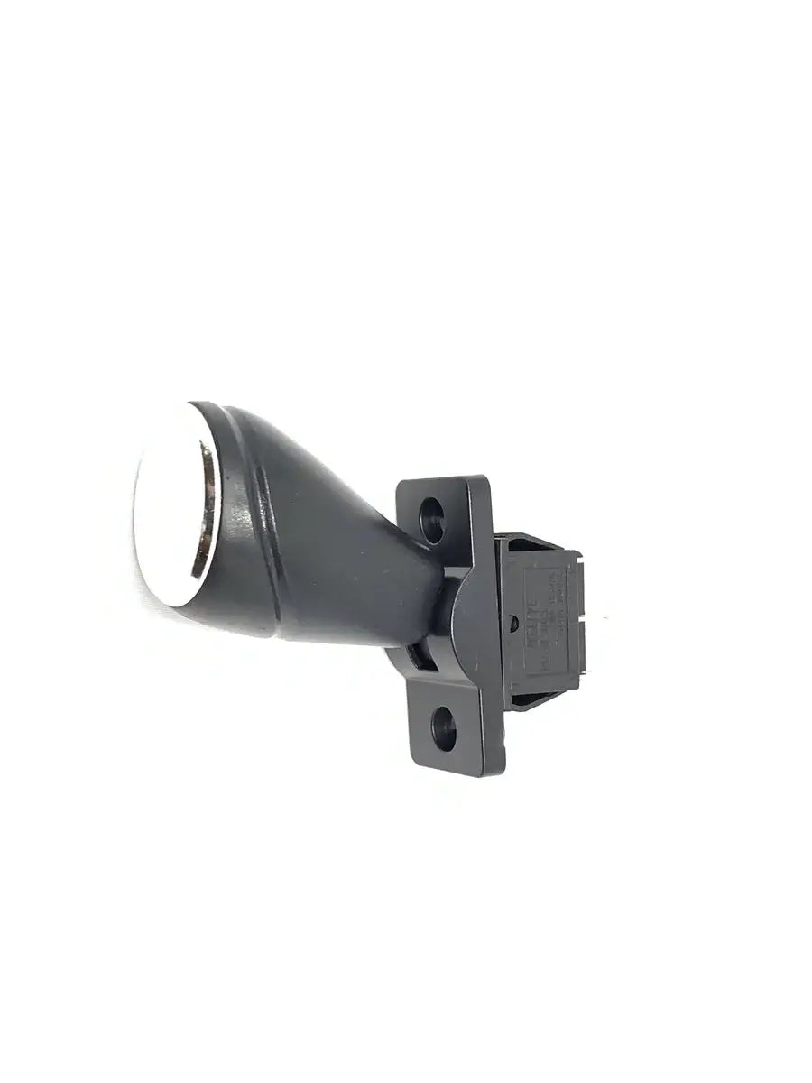 A black, cylindrical 12V Audi R8 shifter with a white circular end is ideal for a ride-on car. It mounts on a rectangular bracket with two screw holes and has an electrical connector. Available at Kids VIP Online as part of their final sale promotion.