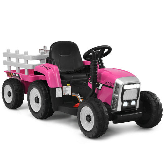 12V Kids Pink 1-Seater Ride-On Tractor with Detachable Trailer, Remote Control