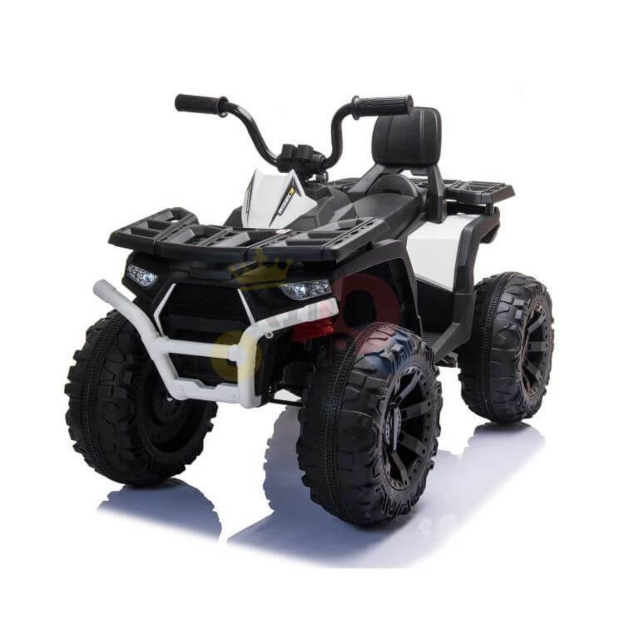 The White 24V Titan Ride On Quad for Kids boasts rubber wheels, a leather seat, large tires, a sturdy front bumper, and hand grips. Its perfect for smooth surfaces and includes music for added adventure.