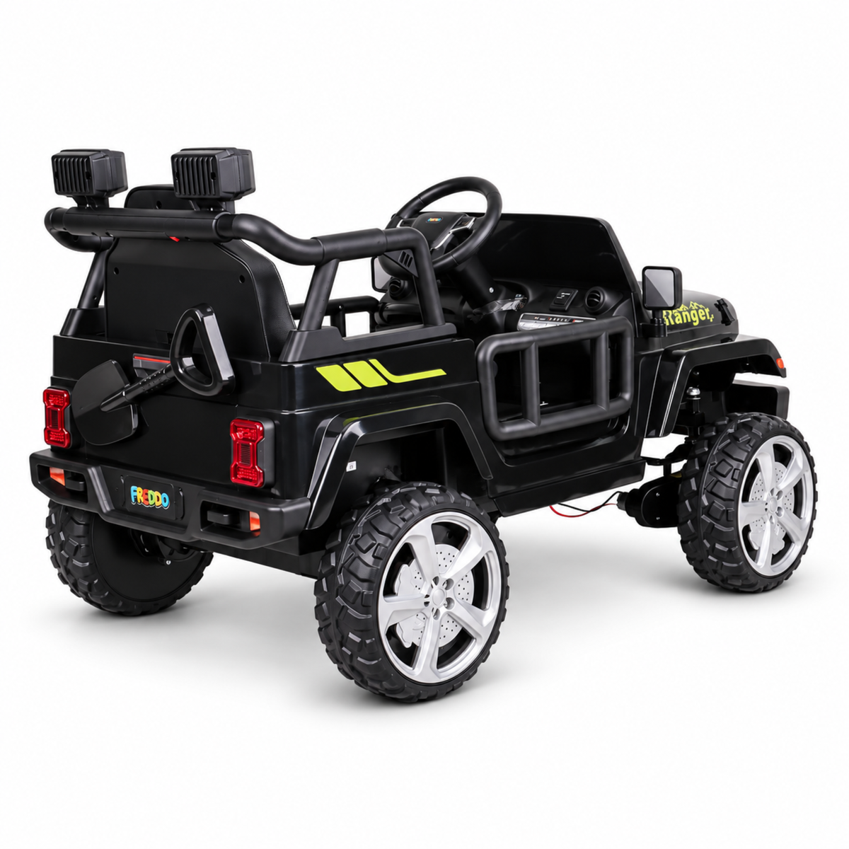 Black 12V Kids Ranger 4X4 Ride-On Jeep-Style Truck with EVA Tires, LED Lights, Music, Remote