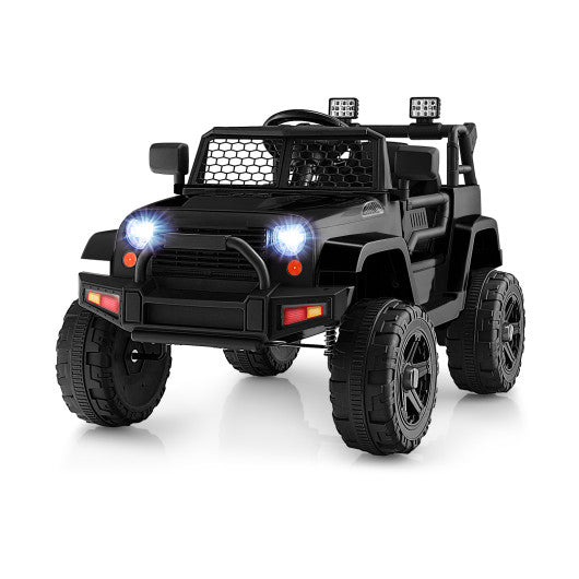 12V Kids Black Jeep-Style Ride-On Truck with LED Lights, Music, Remote
