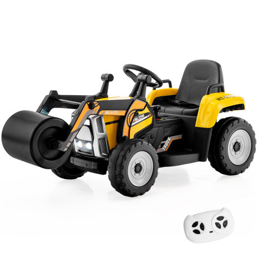 12V Yellow Ride-On Road Roller with Adjustable Arm, Drum Roller, Music, Remote