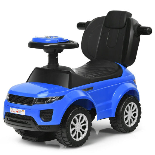 Blue 3-In-1 Kids Ride-On Push Car with Removable Handle, Storage, Sound