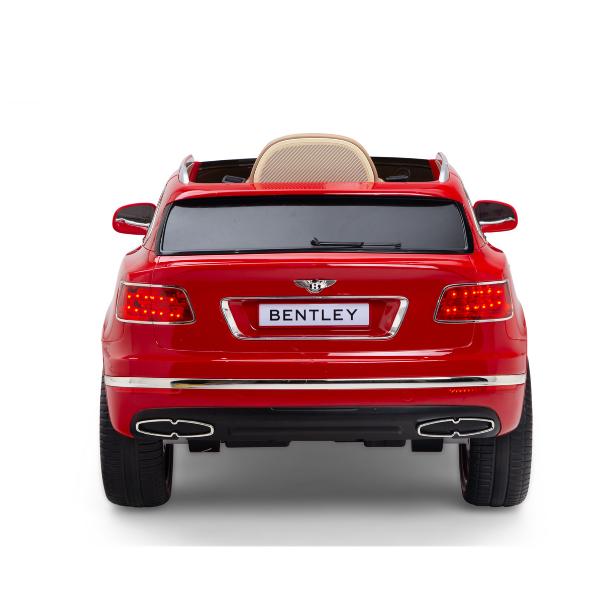 The Red 12V Bentley Bentayga Kids Licensed Ride-On Car, featuring rubber wheels and a remote, displays BENTLEY on its license plate. It has detailed lights, dual exhaust pipes, and a beige leather seat for kids, seen from the rear against a white backdrop.