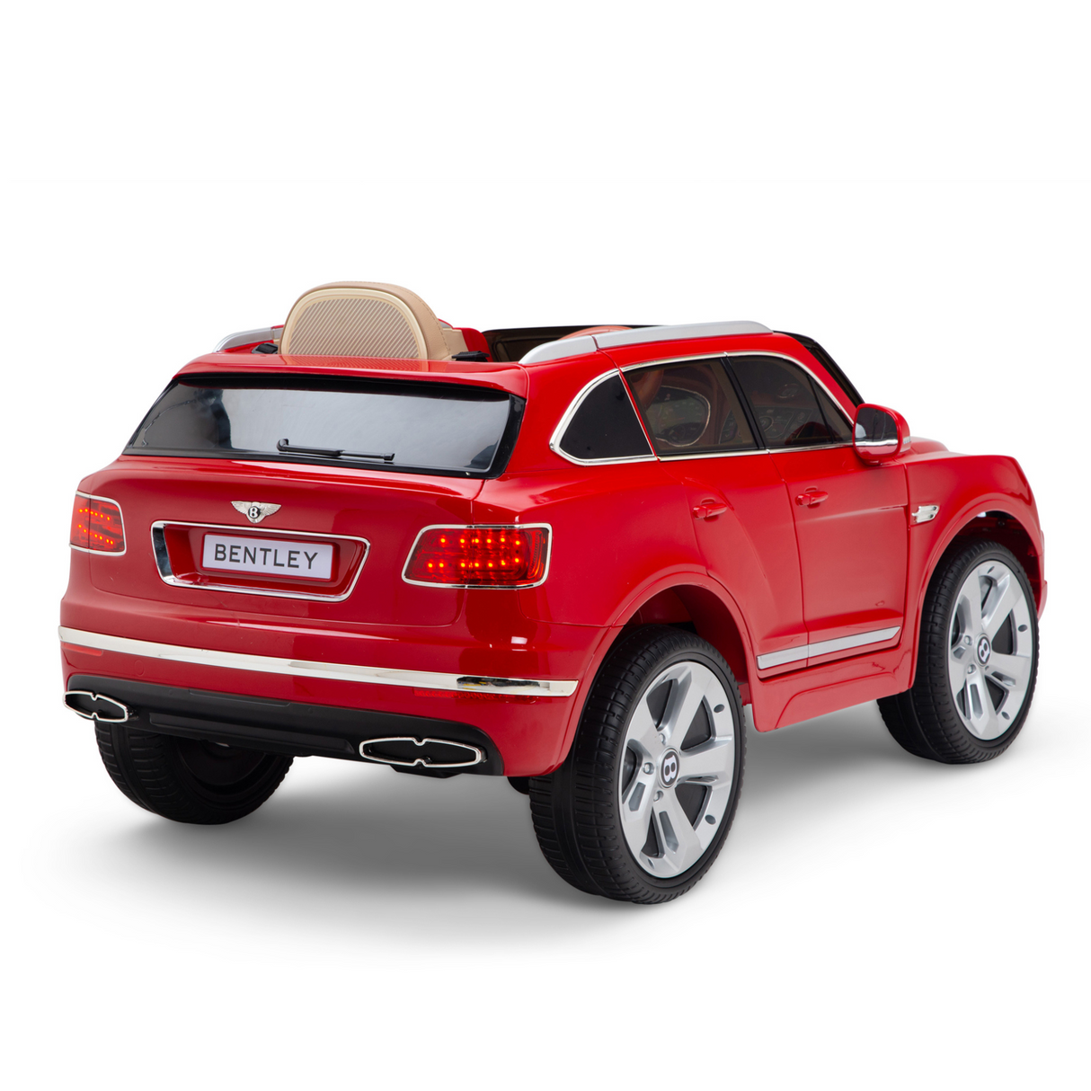 A Red 12V Bentley Bentayaga Kids Licensed 1 Seater Ride On Car mimics a luxury SUV with realistic taillights, side mirrors, a BENTLEY license plate, and a comfy beige leather seat for kids, offering an impressive driving experience.