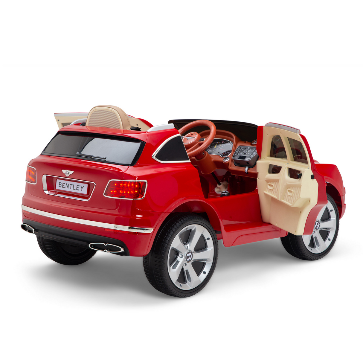 A red 12V Bentley Bentayaga Kids Licensed 1 Seater Ride On Car features an open drivers side door, intricate interior details, rubber wheels, a steering wheel, and realistic headlights. All doors and the tailgate are open, displaying the leather seat for kids. Includes a remote.