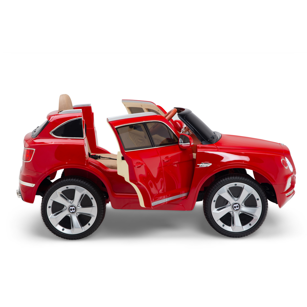 The Red 12V Bentley Bentayga Kids Licensed 1 Seater Ride On Car features rubber wheels, an opening door design, and a beige interior with leather seats. Equipped with mirrors and headlights, its designed for childrens use and includes a remote control.