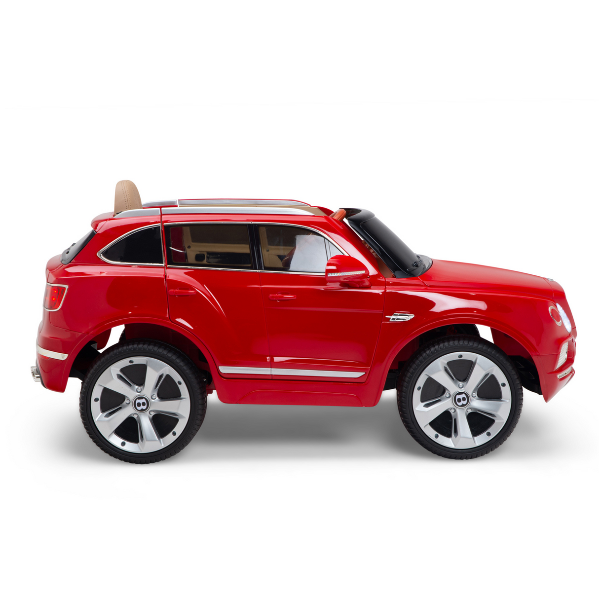 The Red 12V Bentley Bentayga Kids Licensed 1 Seater Ride-On Car features sleek mini SUV styling, large silver and black rubber wheels, chrome accents, tinted windows, a luxurious beige leather seat, and a remote control.