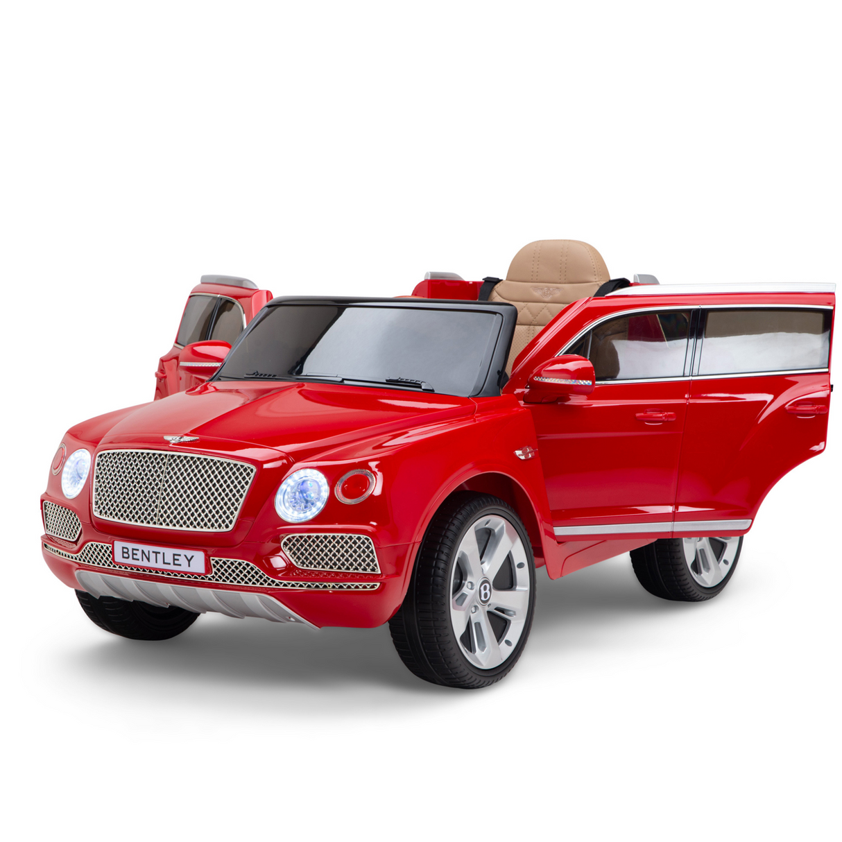 A red 12V Bentley Bentayga Kids Licensed Ride On Car, sitting on a white background, features open doors, rubber wheels, and realistic details like headlights and grille. It has a branded license plate and leather seat.