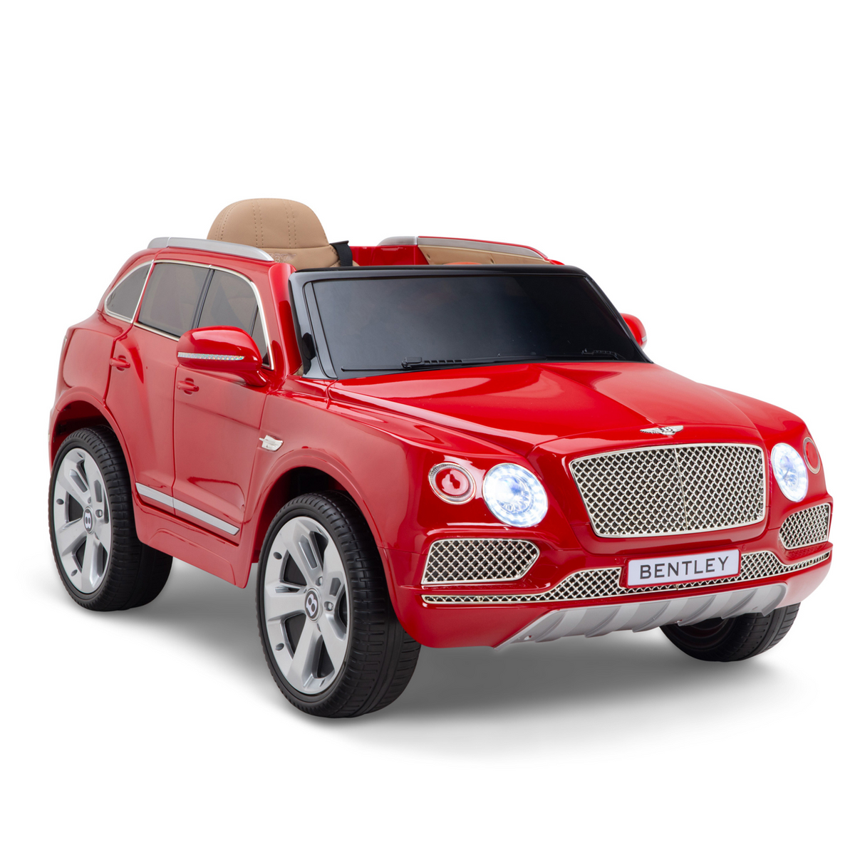 The Red 12V Bentley Bentayga Kids Licensed Ride On Car features black-tinted windows, realistic details like headlights, a grille, and large wheels. The front license plate reads Bentley, offering the essence of a Bentley with a comfortable leather seat for kids.