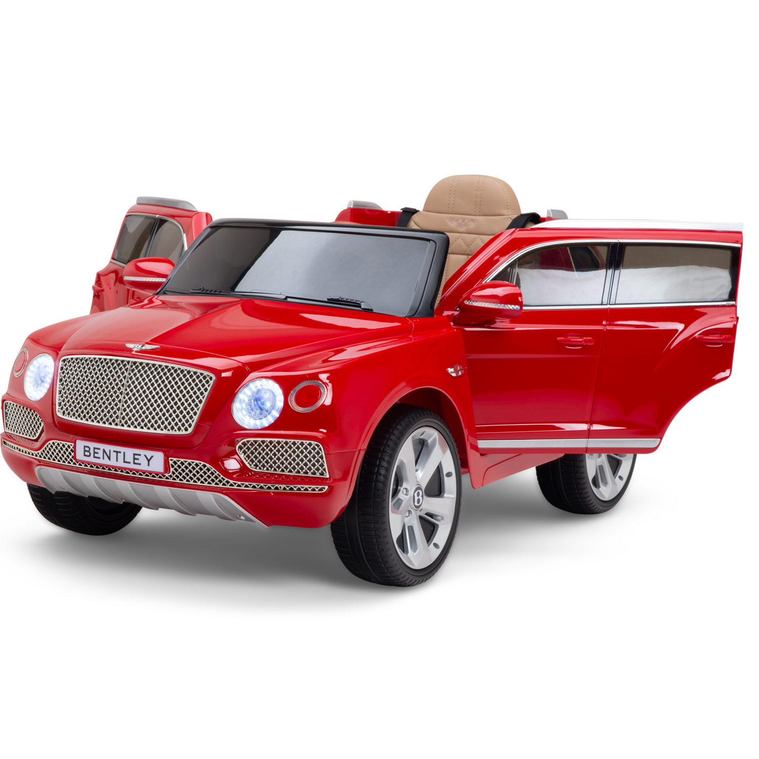The Red 12V Bentley Bentayga Kids Licensed 1 Seater Ride On Car with Rubber Wheels and Remote features open doors, a visible leather seat, and illuminated headlights. It is perfectly showcased against a plain white background, enhancing its sleek design for kids.