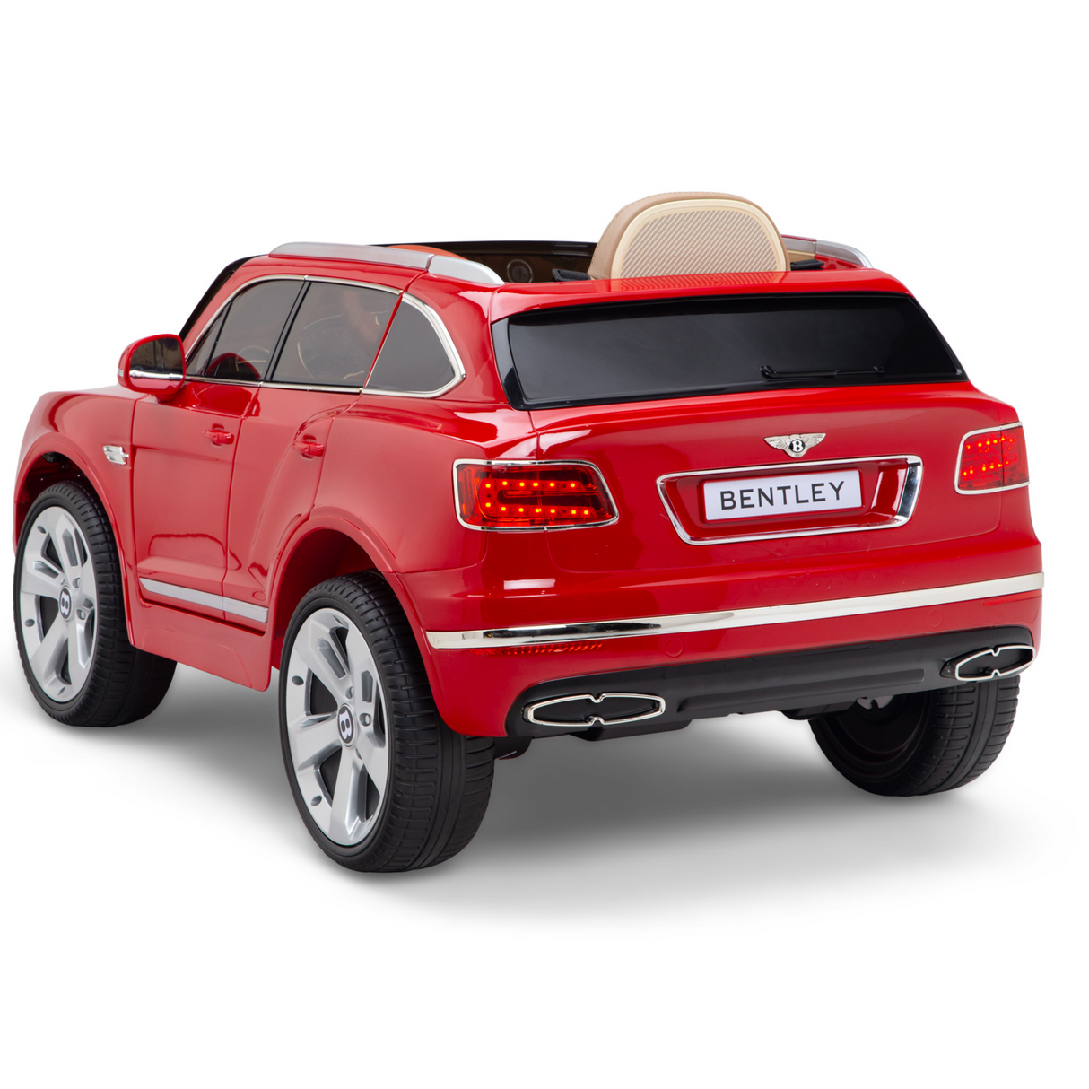 The Red 12V Bentley Bentayga Kids Licensed Ride-On Car features a detailed exterior with silver rims, taillights, a rear license plate, and a comfy leather seat. Displayed against a white background, this glossy toy SUV includes rubber wheels and comes with a remote for enhanced realistic play.