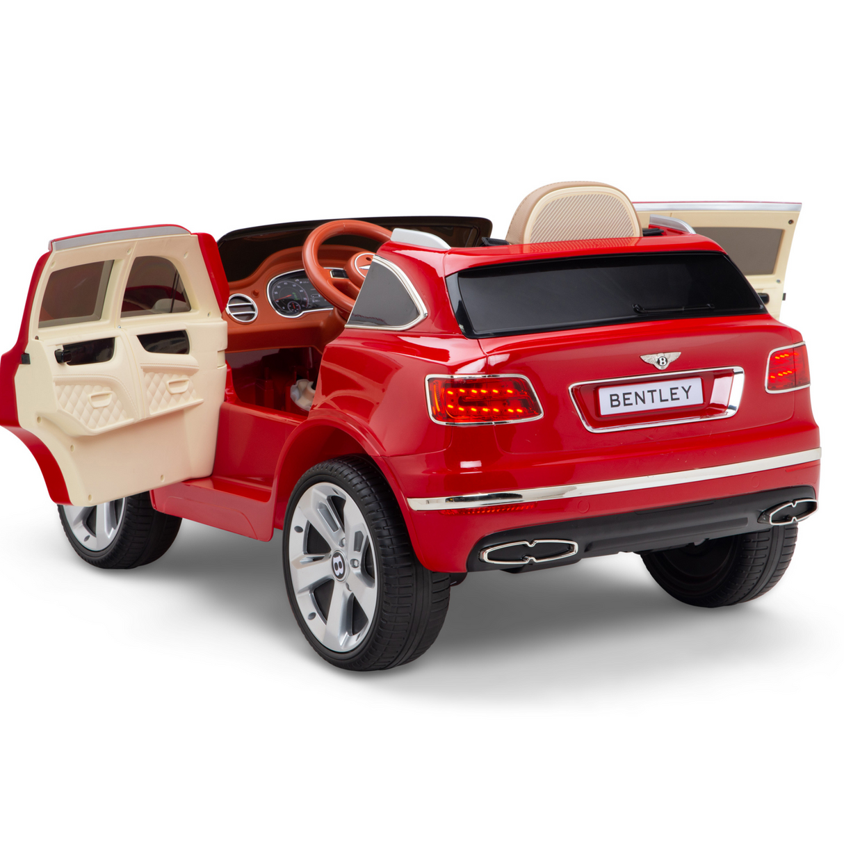 The Red 12V Bentley Bentayga Kids Licensed 1 Seater Ride-On Car includes rubber wheels, a remote, and a beige leather seat. It features an authentic design with open doors, a realistic steering wheel, and the BENTLEY rear license plate.
