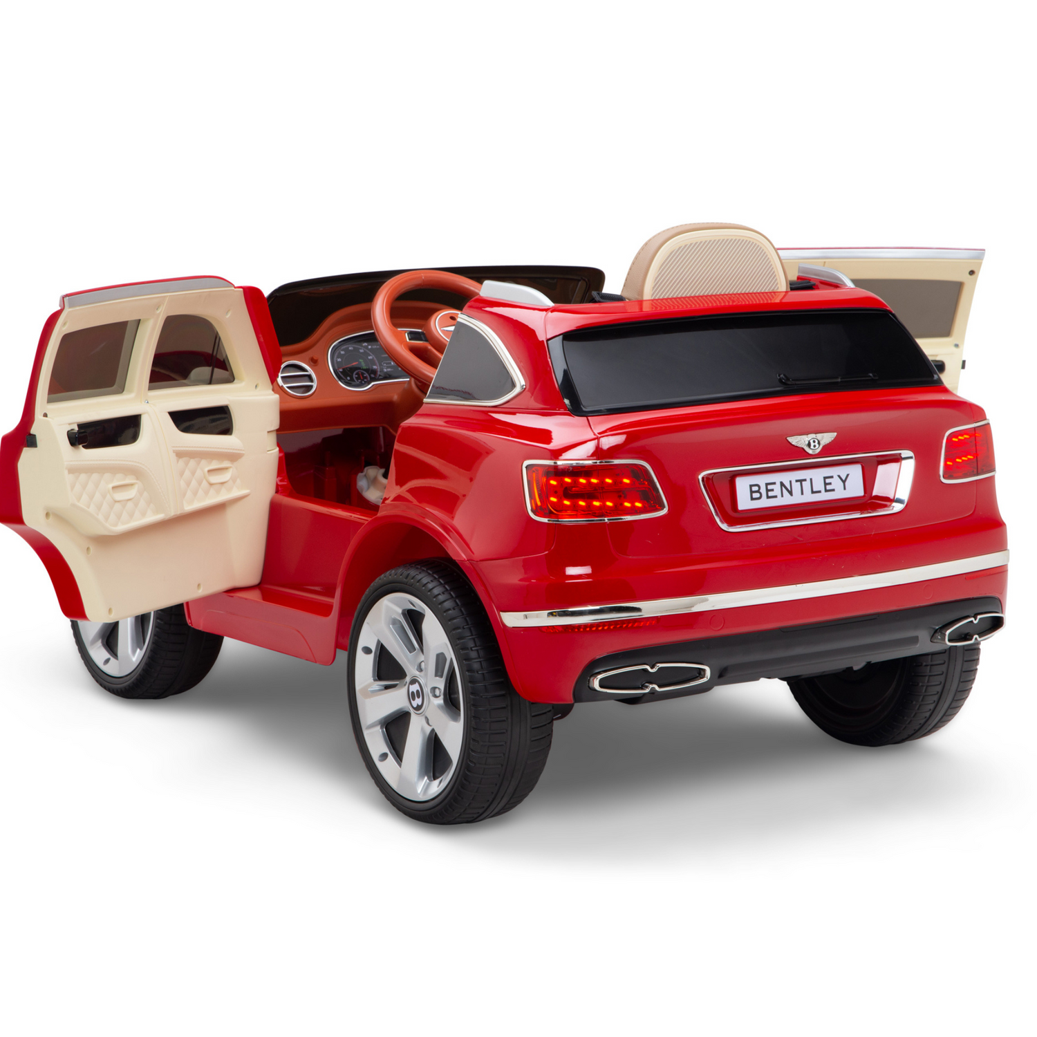 The Red 12V Bentley Bentayga Kids Licensed 1 Seater Ride-On Car includes rubber wheels, a remote, and a beige leather seat. It features an authentic design with open doors, a realistic steering wheel, and the BENTLEY rear license plate.