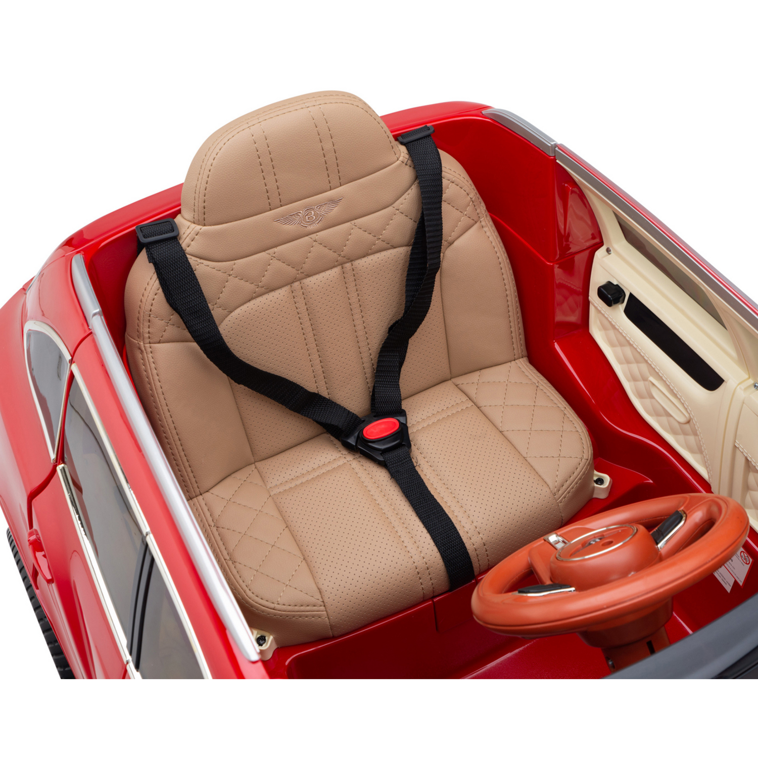 A red 12V Bentley Bentayga ride-on car for kids features a beige quilted leather seat, black seatbelt, and detailed interior resembling a luxury vehicle.
