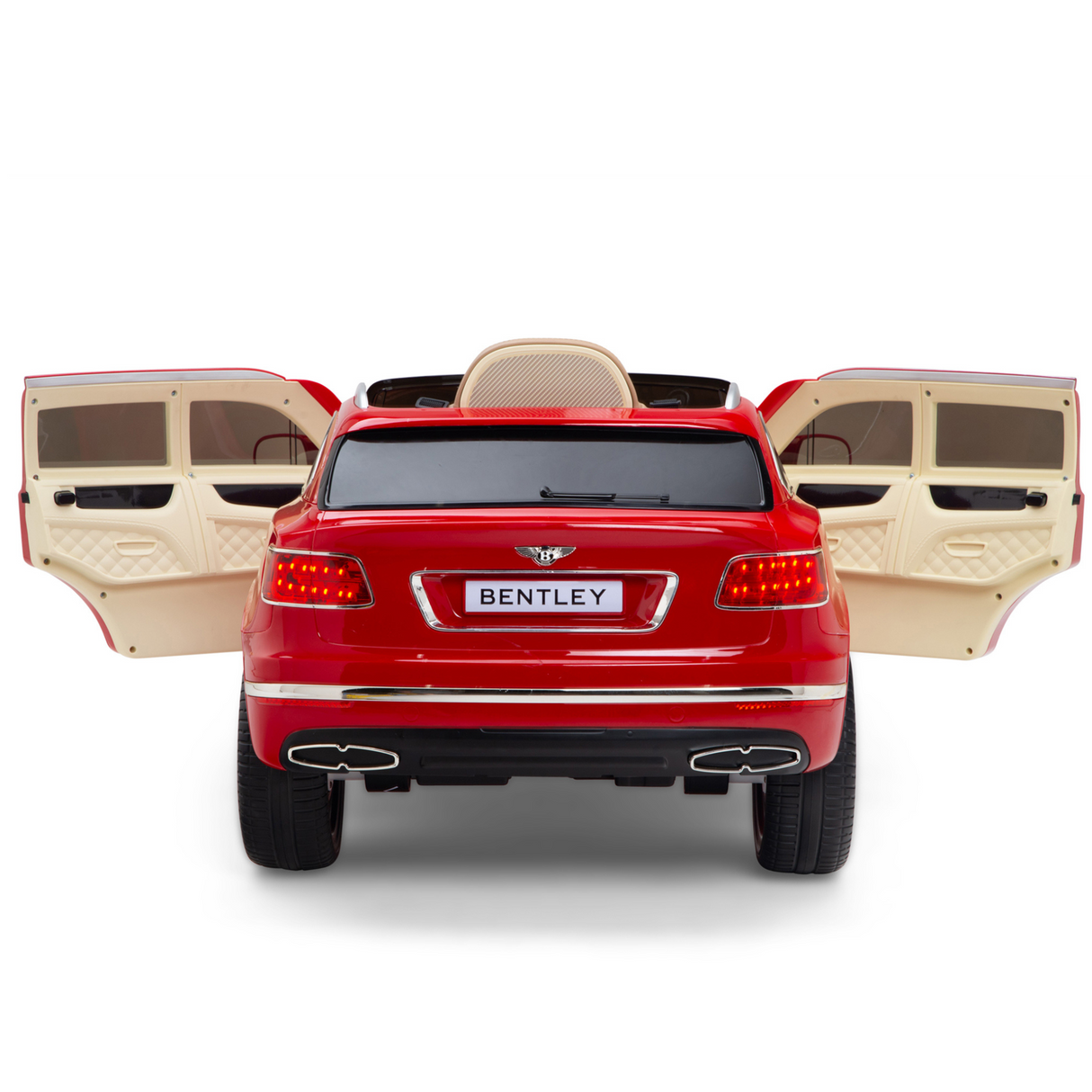 The Red 12V Bentley Bentayga Kids Licensed Ride On Car, featuring rubber wheels, a remote, open rear doors, and a beige leather seat, is elegantly showcased from the back with its luxury design.