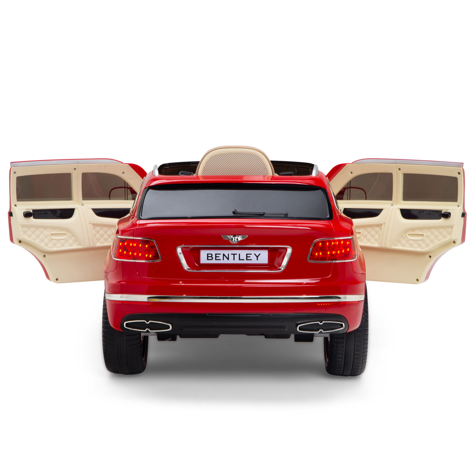 The Red 12V Bentley Bentayga Kids Licensed Ride On Car, featuring rubber wheels, a remote, open rear doors, and a beige leather seat, is elegantly showcased from the back with its luxury design.