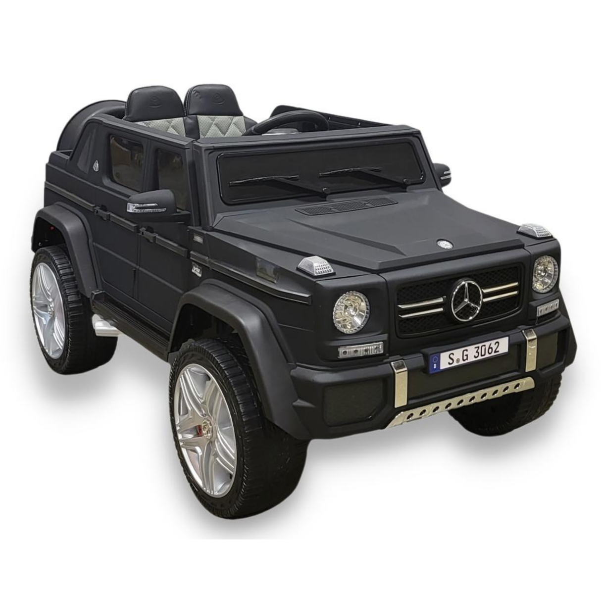 Enjoy the luxury of the Matte Black 12V Mercedes Benz Maybach G650s Kids 4X4 Ride-on Car. It features silver accents, detailed wheels, a mock license plate S.G 3062, two quilted seats, realistic front bumpers and headlights for an ultimate ride-on experience.