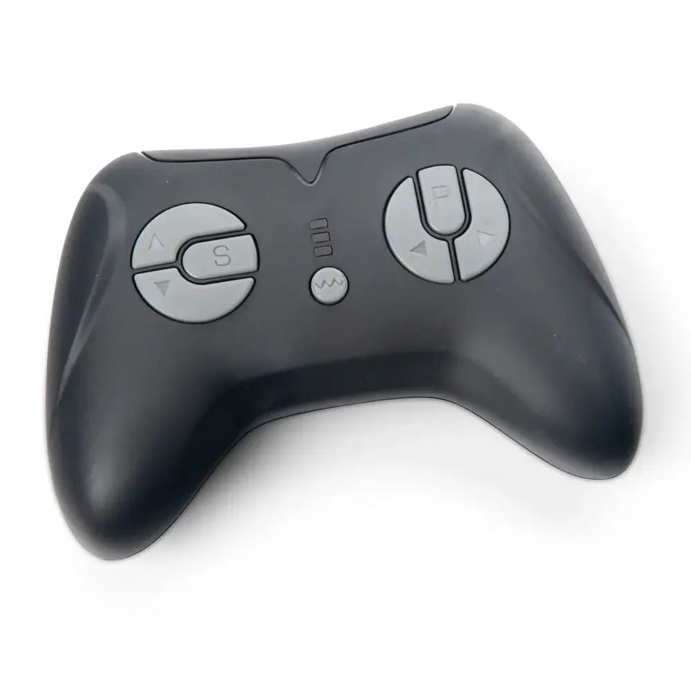 The 12V Lamborghini Vision GT - Remote Control from KidsVIPOnline features a sleek black, curved design with two round gray buttons on the right marked P and Y, and two on the left marked S and R. Three small rectangular center buttons make it perfect for gaming enthusiasts during this final sale event!.