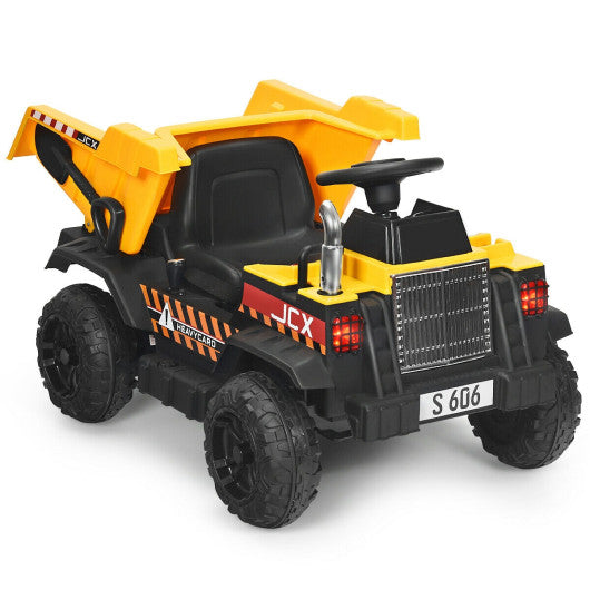12V Kids Ride-On Dump Truck with Electric Bucket and Dump, LED Lights, Music, Remote