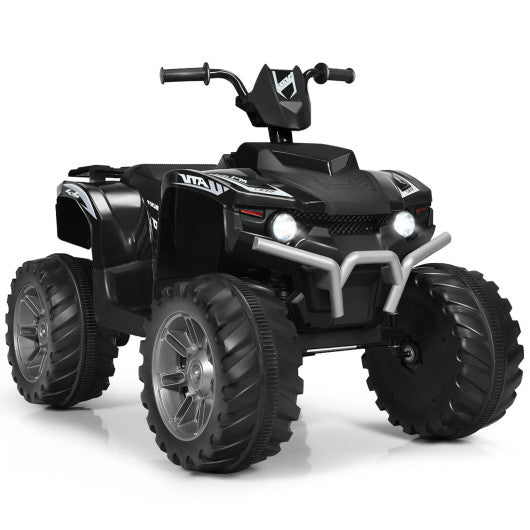 Black 12V Ride-On Quad ATV with LED Lights, Treaded Tires