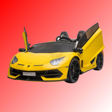 Yellow toy car resembling a sports car, with open scissor doors, black wheels, and a sleek design. The background is a gradient of red to pink.