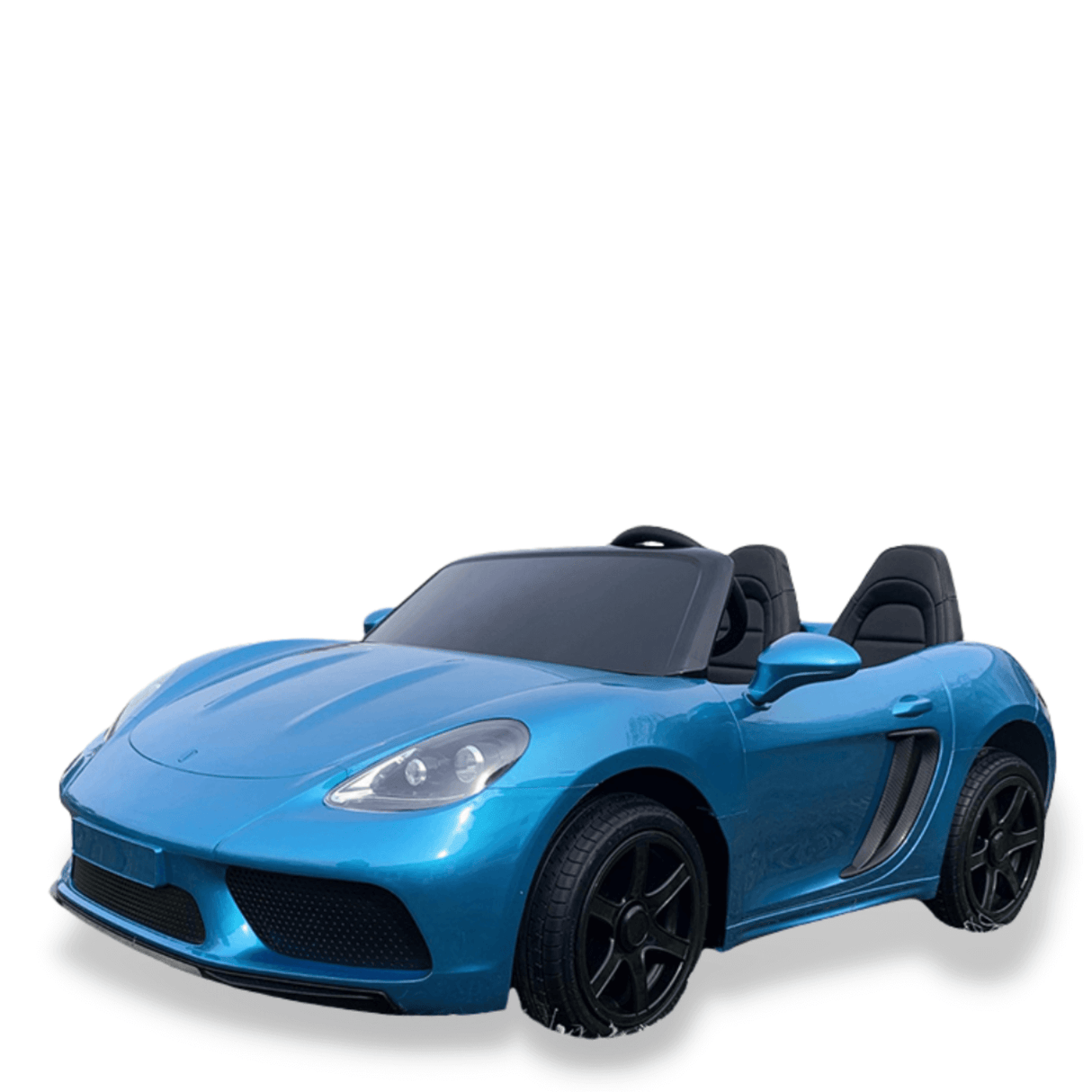 The Metallic Blue 24V XXL SuperSport Big Kids Ride On Car features a sporty design with black wheels and two eco leather seats, powered by a 180W brushless motor. It resembles a shiny miniature sports car set against a white background.
