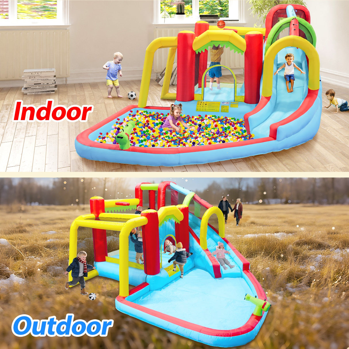 7 in1 Inflatable slide water park bouncing house outdoor Soccer garden bouncer with Splash pool & Water gun & Climbing wall & Basketball & Football
