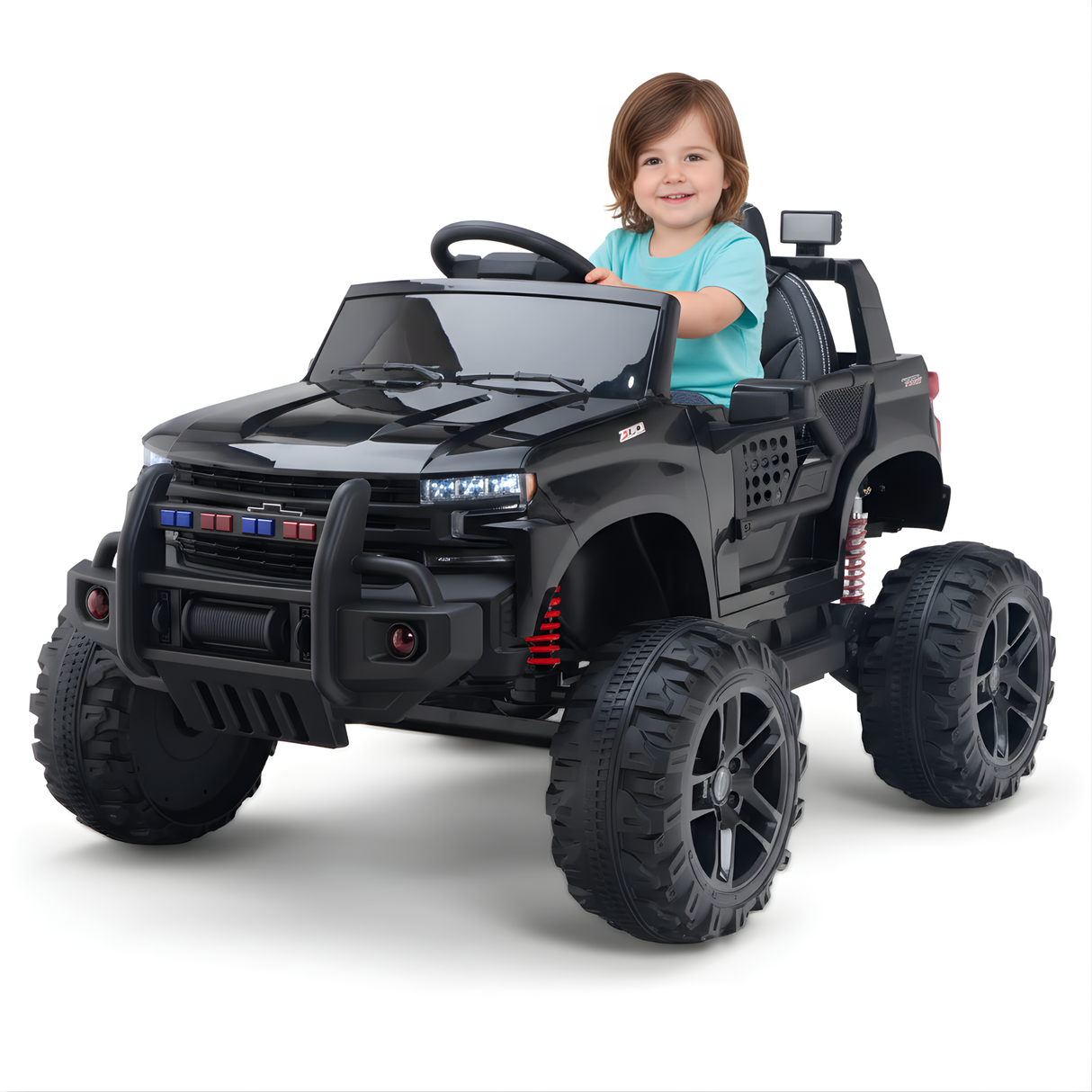 Black 24V Chevrolet Silverado Kids Licensed 1 Seater Ride On Lifted Truck with Remote