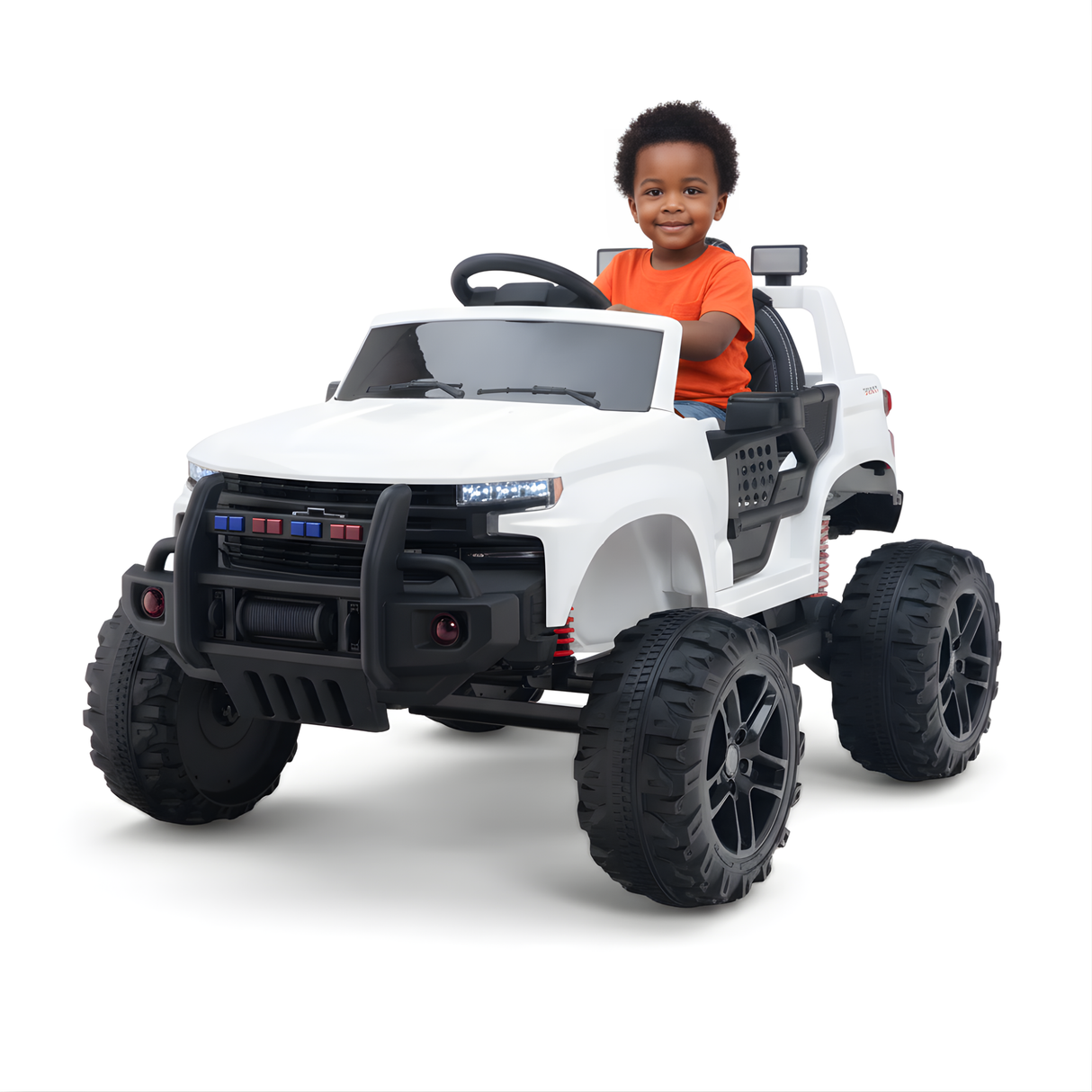 White 24V Chevrolet Silverado Kids Licensed 1 Seater Ride On Lifted Truck with Remote