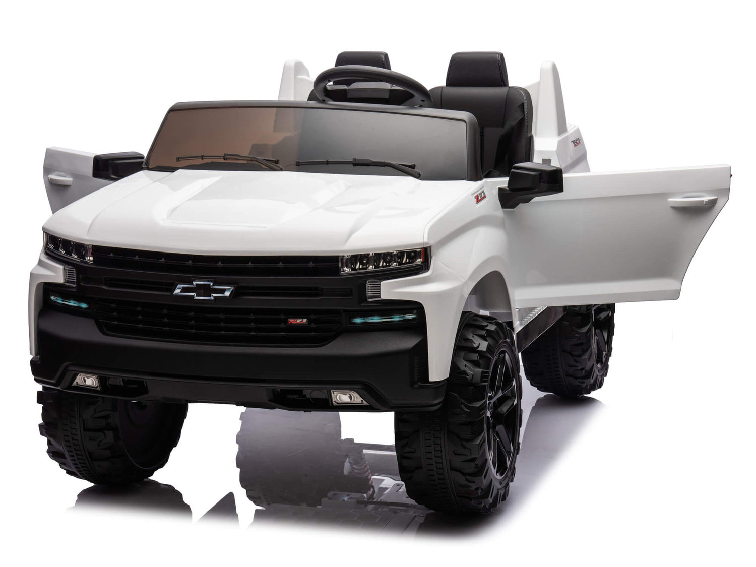 White 24V Chevrolet Silverado Kids Licensed 2 Seater Ride On Truck with Music, Rc