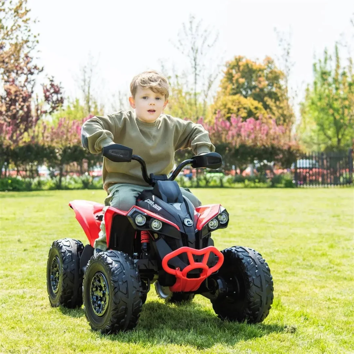 Red 24V Can-Am Renegade 4X4 Premium Edition Ride-On Quad ATV for Kids with EVA Tires, Lights, Music