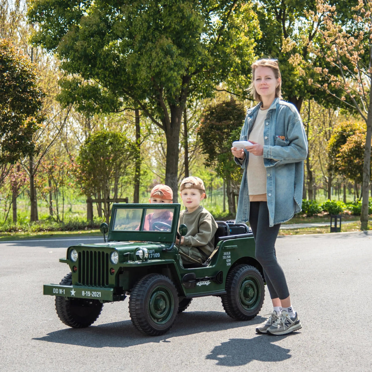 24V Military Truck 3-Seater Electric Ride-On with EVA Tires, LED Lights, Music, Remote