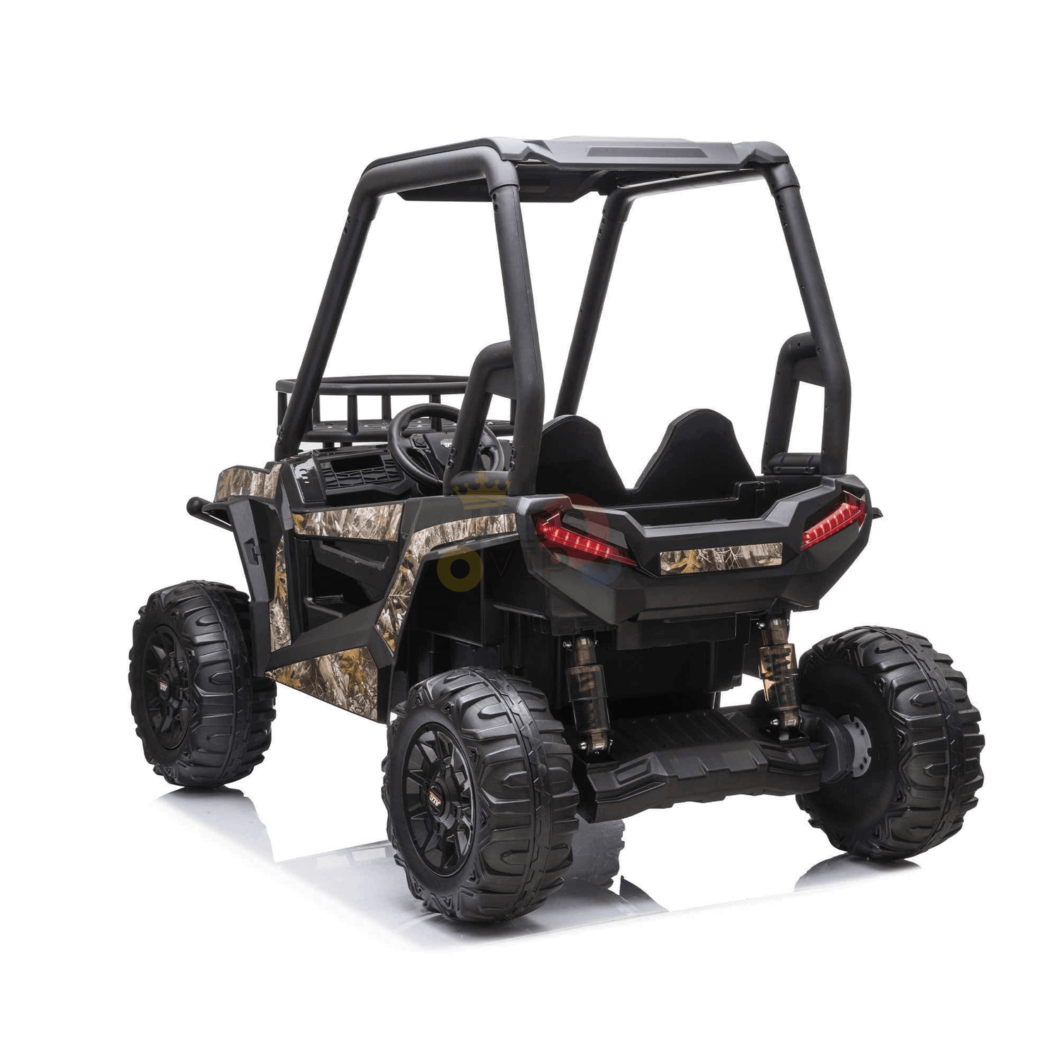 The Camo 2 Seats Golf Buggy 24V Edition Kids Ride On Car features a black frame, camo body, rubber wheels, roll cage, dual seats, and realistic rear lights. Seen from the back on a white background, it resembles a toy off-road vehicle.