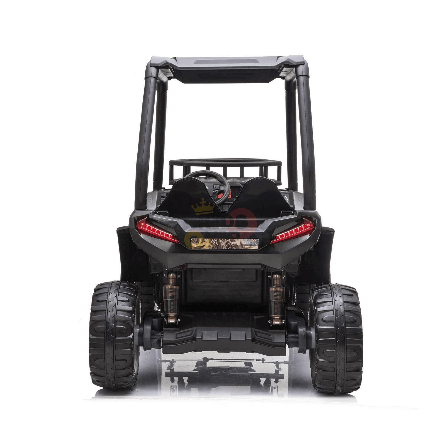 The rear view of the Camo 2 Seats Golf Buggy 24V Edition Kids Ride On Car reveals large rubber wheels and distinct taillights, showcasing a rugged design. Its frame emphasizes a sporty and robust appearance, making it perfect for adventurous journeys.