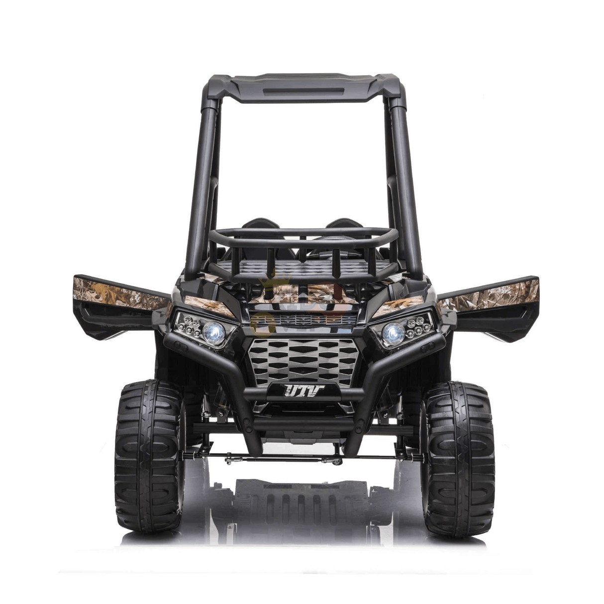 Front view of the 24V Camo 2 Seats Golf Buggy Kids Ride On Car features large rubber tires, a sturdy black frame with camouflage accents, two seats, and realistic headlights. This RC-controlled UTV offers an adventurous twist on a classic kids golf cart.