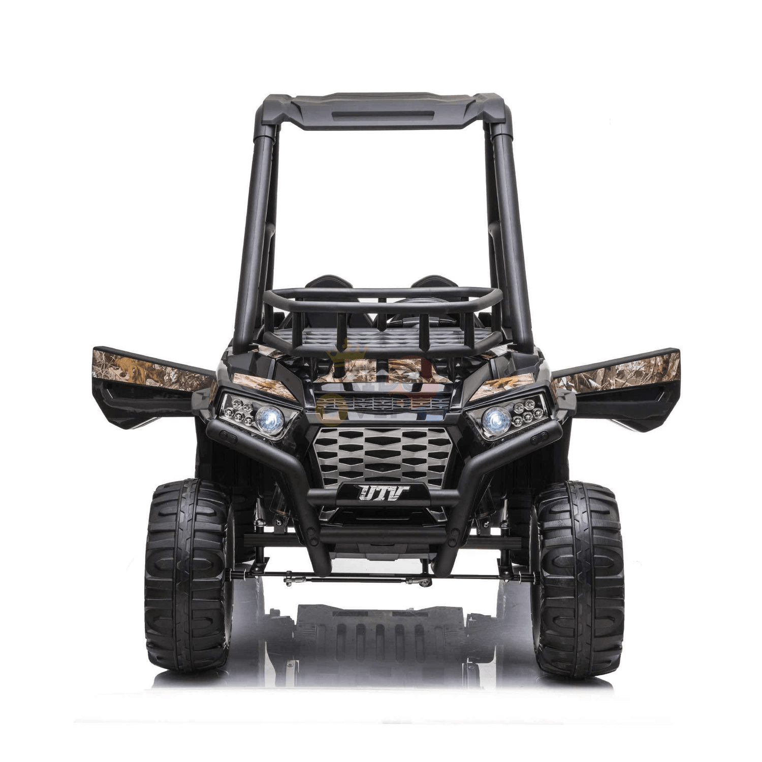 Front view of the 24V Camo 2 Seats Golf Buggy Kids Ride On Car features large rubber tires, a sturdy black frame with camouflage accents, two seats, and realistic headlights. This RC-controlled UTV offers an adventurous twist on a classic kids golf cart.
