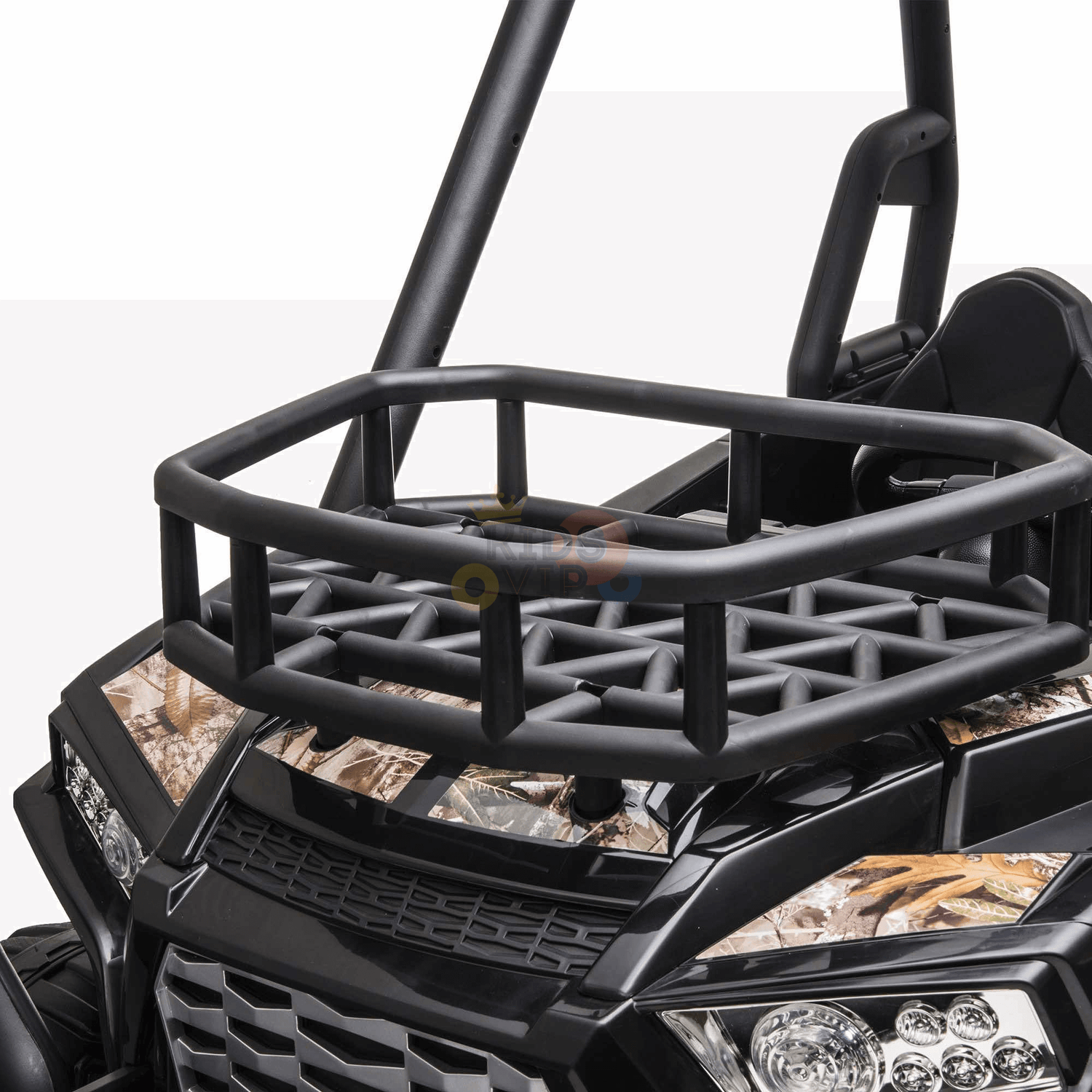Close-up of the Camo 2 Seats Golf Buggy 24V Edition, a kids ride-on car/UTV with RC and rubber wheels. It features a sturdy metal bumper, storage rack, and sleek camouflage design, perfect for adventurous kids.