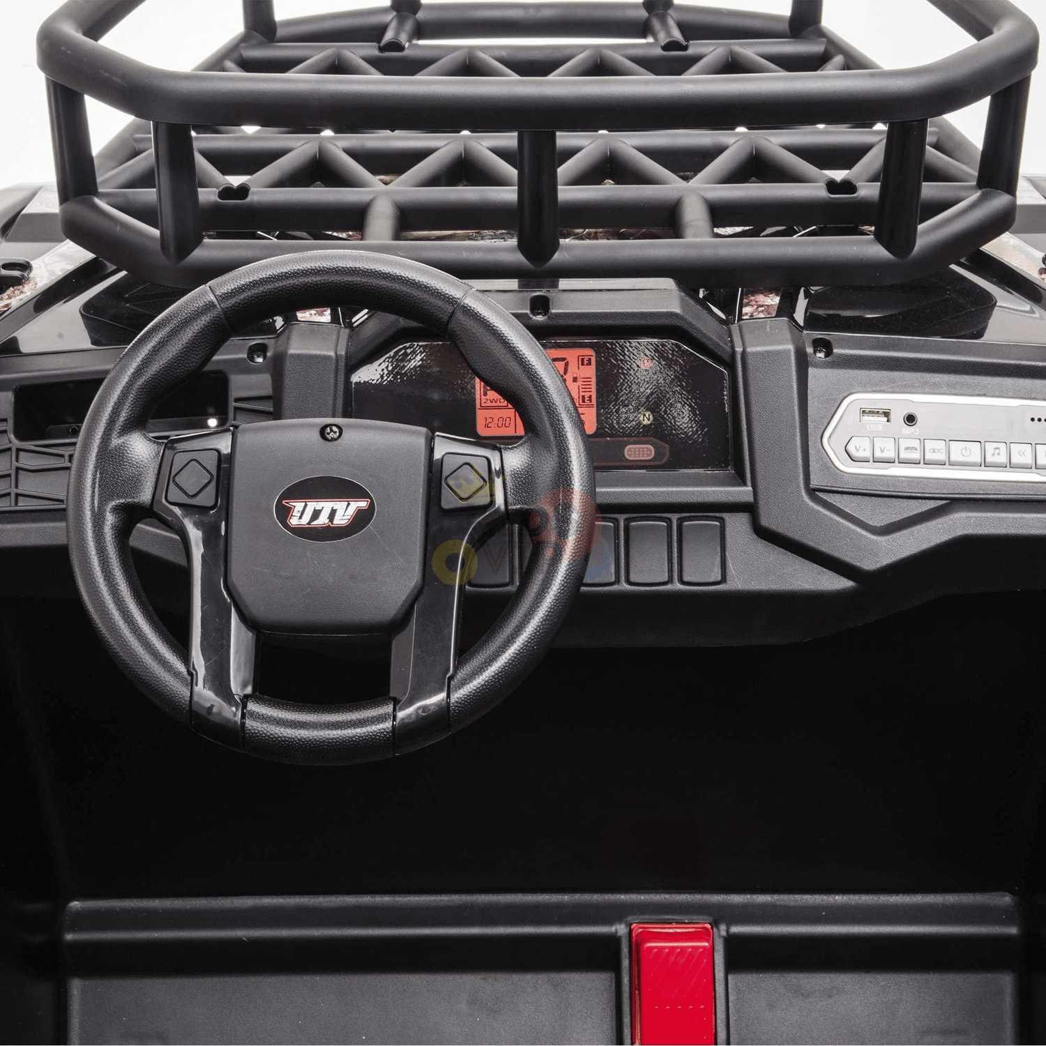 Close-up of the Camo 2 Seats Golf Buggy Kids Ride On Car dashboard, featuring a black steering wheel with a circular logo, digital display, buttons, and red lever. The rugged design includes a protective cage on top, ideal for adventurous young drivers.