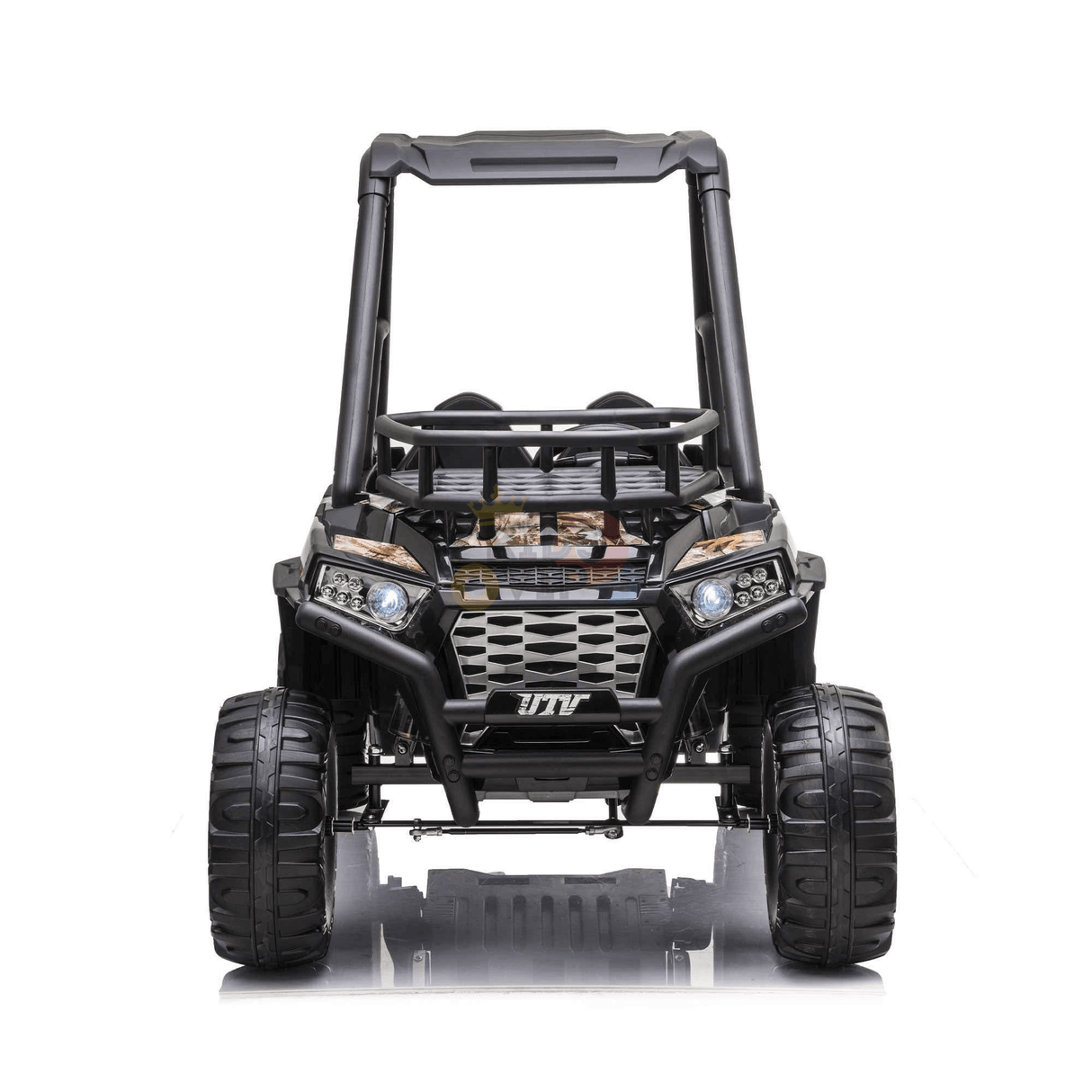 A camo-themed Golf Buggy 24V Edition is shown from the front, featuring large rubber wheels, a roll cage, and realistic headlights. This expertly designed 2-seat ride-on UTV is perfect for adventurous play and excitement for kids seeking rugged off-road fun.