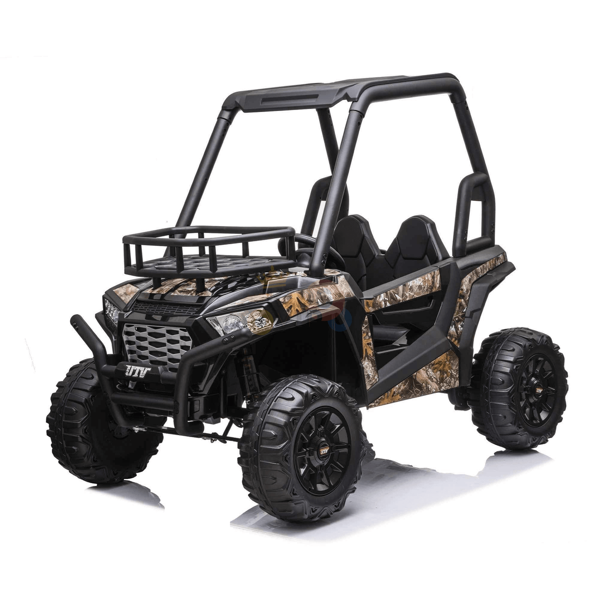 The Camo 2 Seats Golf Buggy 24V Edition Kids Ride On Car/UTV features an open roll cage, large rubber wheels, and a black camo pattern. Designed for children, it has two seats and rugged detailing for adventurous outdoor and off-road fun.