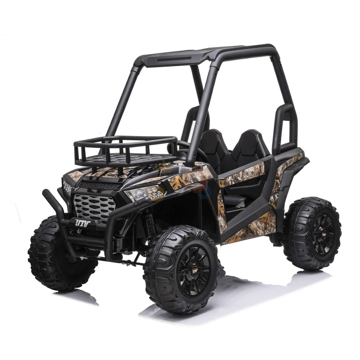 The Camo 2 Seats Golf Buggy 24V Edition Kids Ride On Car/UTV features an open roll cage, large rubber wheels, and a black camo pattern. Designed for children, it has two seats and rugged detailing for adventurous outdoor and off-road fun.
