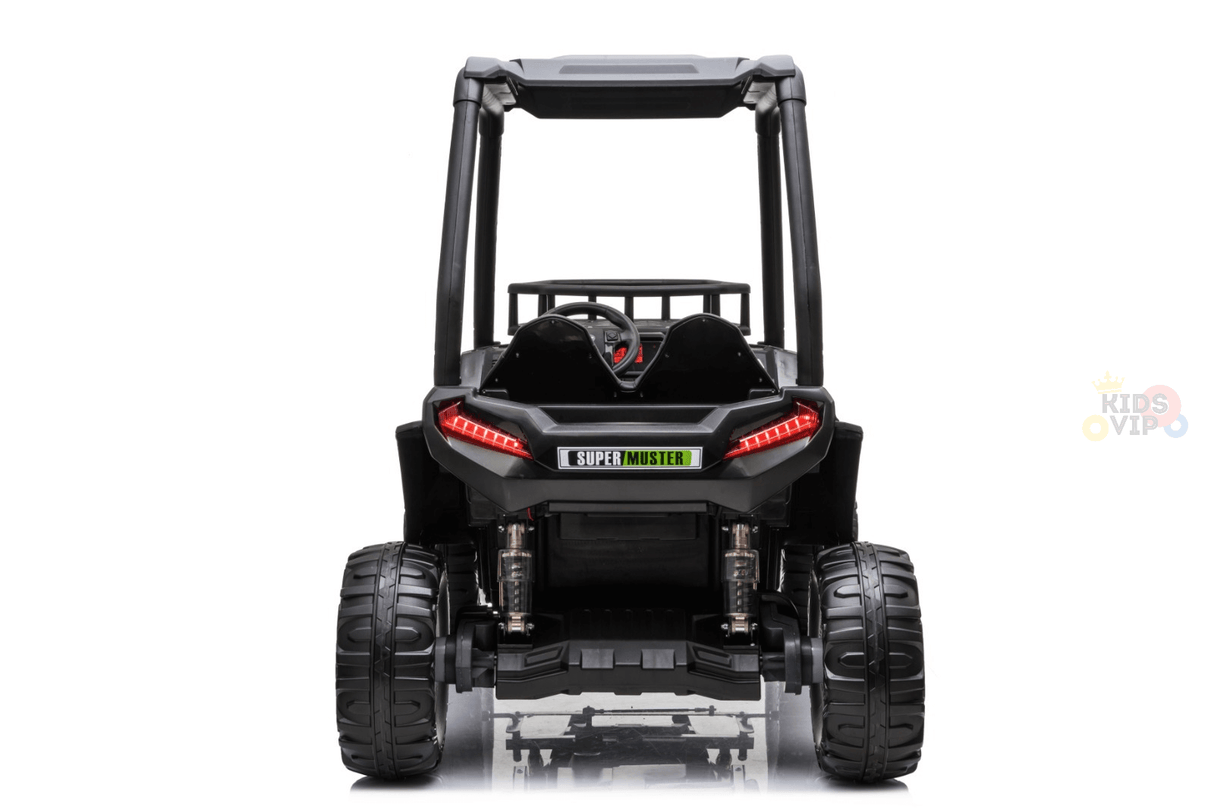 Rear view of a green kids ride-on car, inspired by a golf buggy with large EVA rubber wheels and visible suspension. Features include a roll bar and tail lights. Modeled like an off-road vehicle, set against a plain white background.