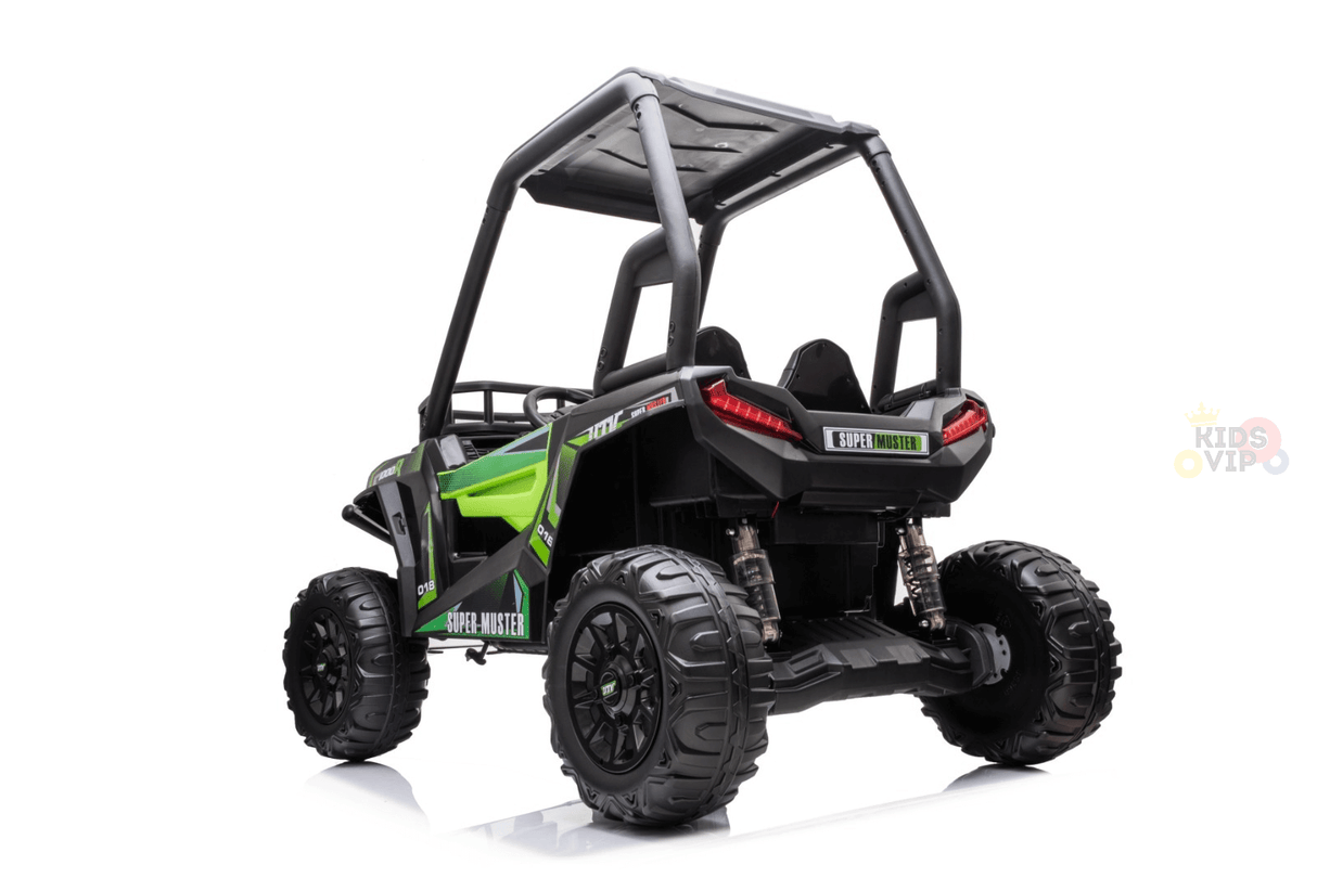 A rear-view shot against a white background shows the green and black Green 2 Seats Golf Buggy 24V Edition Kids Ride On Car styled as an off-road vehicle, featuring EVA rubber wheels, a roll cage, two seats, and Super Monster branding.