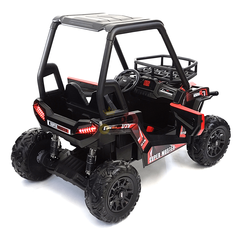 The 2 Seats Golf Buggy 24V Edition Kids Ride On Car UTV with RC, Rubber Wheels is a thrilling black and red off-road vehicle featuring rugged tires, a roll cage, and realistic details like rear lights and a dashboard. Perfect for adventurous children.