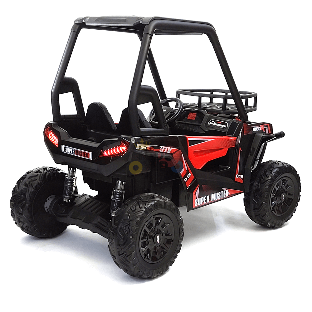 The 2 Seats Golf Buggy 24V Edition Kids Ride On Car UTV with RC comes in sleek black and red with four large knobby tires, a sturdy roll cage, and realistic graphics. Its parental remote control feature ensures effortless safety for your child.