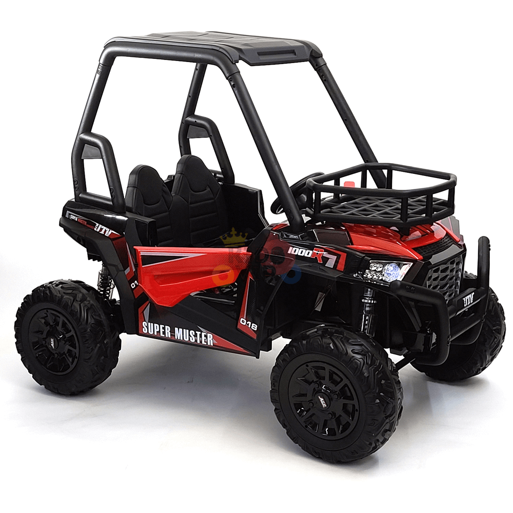 The 2 Seats Golf Buggy 24V Edition Kids Ride On Car UTV with RC is a red and black toy car featuring rubber wheels, a roll cage, exciting decals, and a parental remote for safe adventurous play.