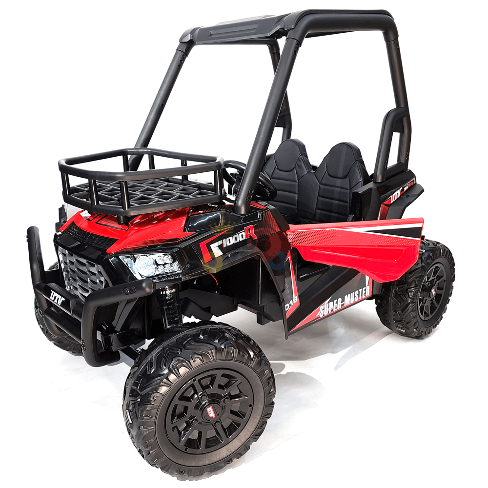 The 2 Seats Golf Buggy 24V Edition Kids Ride On Car UTV comes in red and black with a roll cage, large wheels, front guard, headlights, Super-Master branding, and a parental remote for safe control during adventurous play.