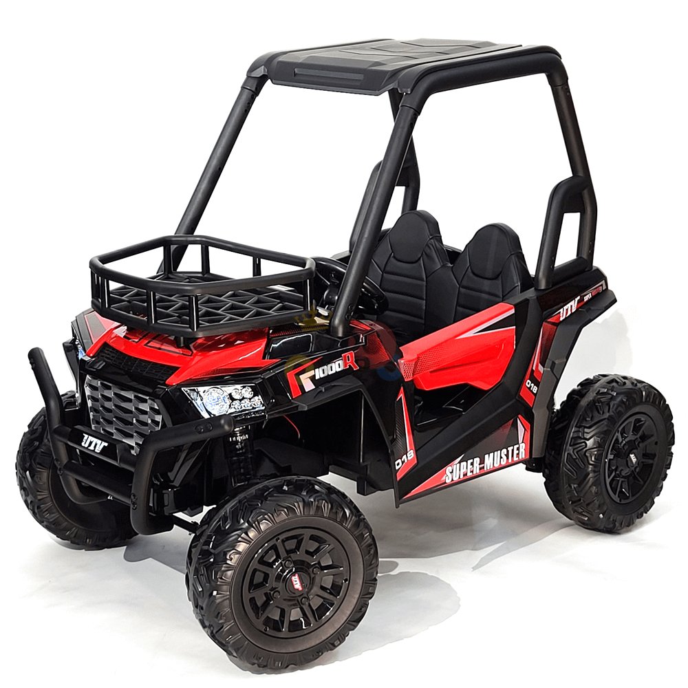 This red and black kids ride-on car mimics a rugged off-road vehicle with thick tires, seats two, and features realistic details like headlights, a grille, side mirrors, and dynamic decals. Named 2 Seats Golf Buggy 24V Edition, its perfect for adventurous little ones.