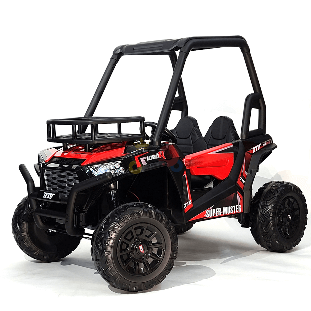 The 2 Seats Golf Buggy 24V Edition Kids Ride On Car UTV features a red and black design, large tires, a roll cage, sporty decals, and an optional parental remote for safe exploration.